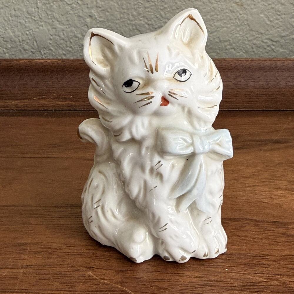 Vintage Porcelain White Persian Cat Figurine w/ Blue Bow & Gold Trim Japan 4"